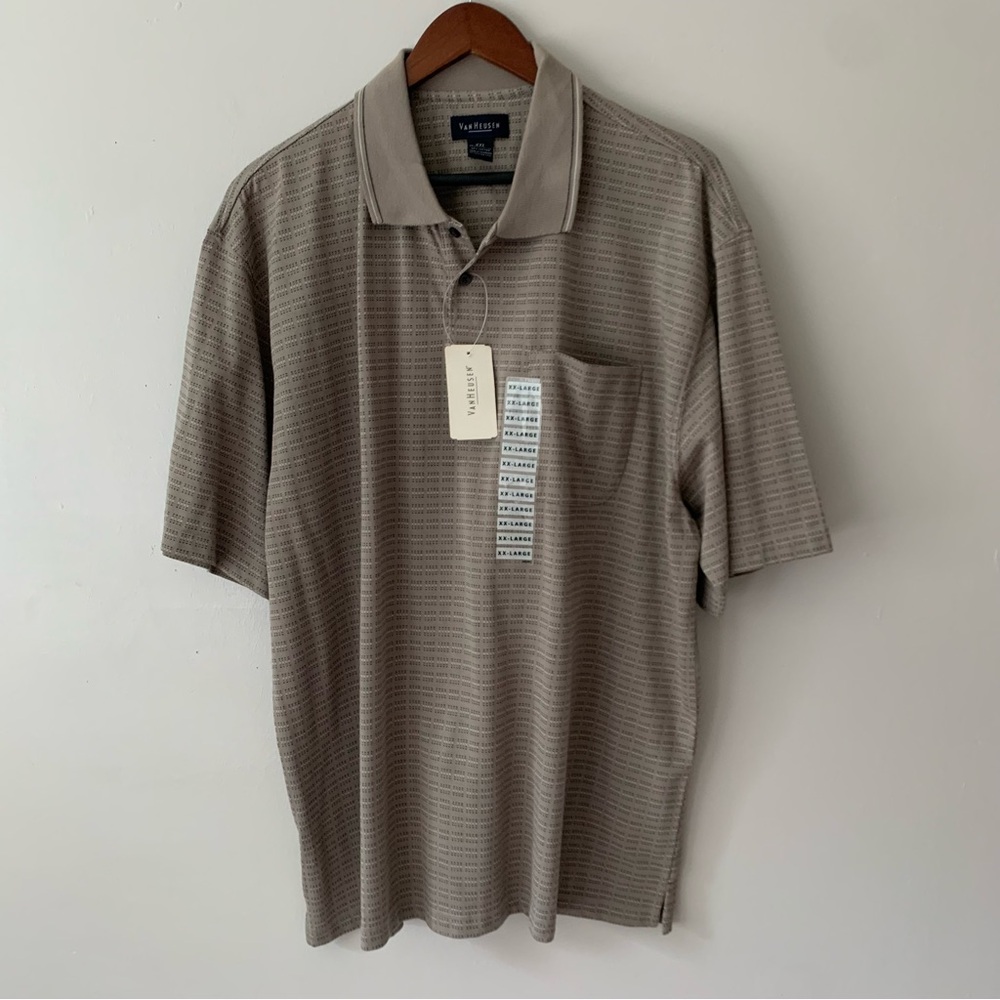 Van Heusen Men’s Gray Tan Black Stripe Polo Shirt Casual Golf Comfort  XXL 2XL